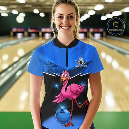 Funny Pink Flamingo Bowling Polo, 1/4 zip shirts for Women Custom Flamingo Team bowling outfit | Blue NQS11653