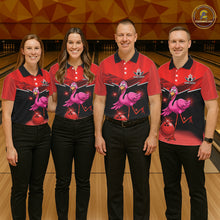 Load image into Gallery viewer, Funny Pink Flamingo Bowling Polo, 1/4 zip shirts for Women Custom Flamingo Team bowling outfit | Red NQS11654