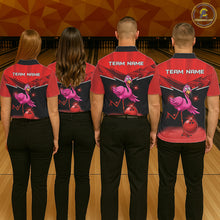 Load image into Gallery viewer, Funny Pink Flamingo Bowling Polo, 1/4 zip shirts for Women Custom Flamingo Team bowling outfit | Red NQS11654