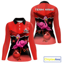 Load image into Gallery viewer, Funny Pink Flamingo Bowling Polo, 1/4 zip shirts for Women Custom Flamingo Team bowling outfit | Red NQS11654