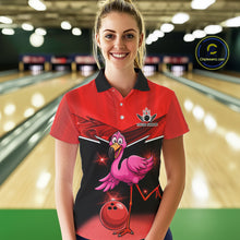 Load image into Gallery viewer, Funny Pink Flamingo Bowling Polo, 1/4 zip shirts for Women Custom Flamingo Team bowling outfit | Red NQS11654