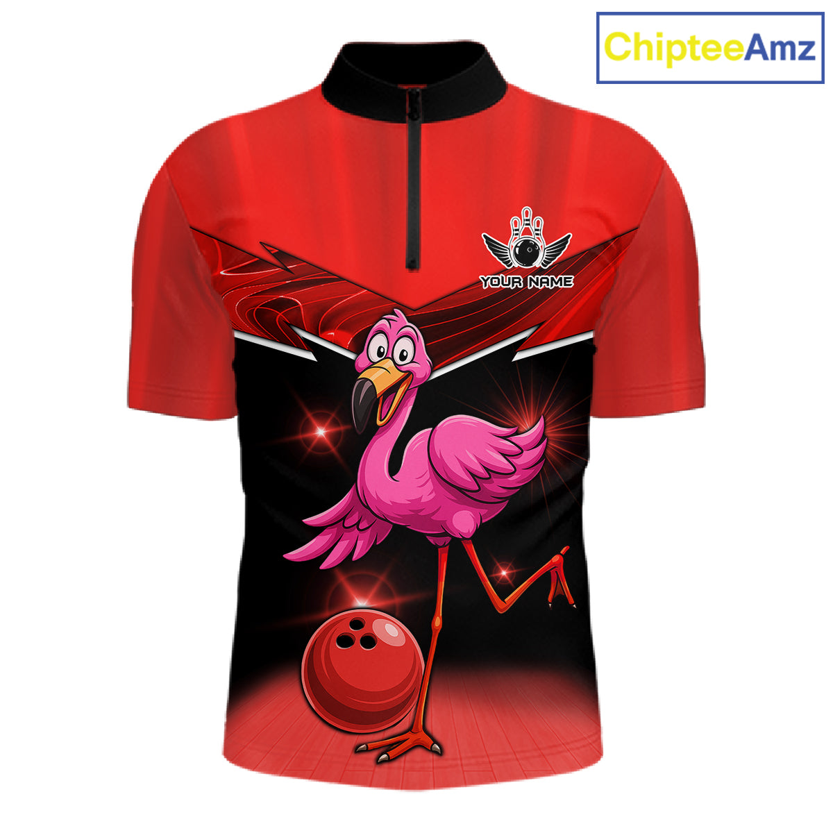 Funny Pink Flamingo Bowling Polo, 1/4 zip shirts for Men Custom Flamingo Team bowling outfit | Red NQS11654