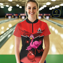 Load image into Gallery viewer, Funny Pink Flamingo Bowling Polo, 1/4 zip shirts for Women Custom Flamingo Team bowling outfit | Red NQS11654