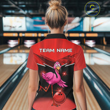 Load image into Gallery viewer, Funny Pink Flamingo Bowling Polo, 1/4 zip shirts for Women Custom Flamingo Team bowling outfit | Red NQS11654