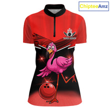 Load image into Gallery viewer, Funny Pink Flamingo Bowling Polo, 1/4 zip shirts for Women Custom Flamingo Team bowling outfit | Red NQS11654