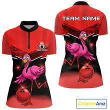 Load image into Gallery viewer, Funny Pink Flamingo Bowling Polo, 1/4 zip shirts for Women Custom Flamingo Team bowling outfit | Red NQS11654