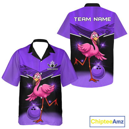 Funny Pink Flamingo Bowling Hawaiian Shirt Custom Flamingo Team bowling button-up shirt | Purple NQS11655