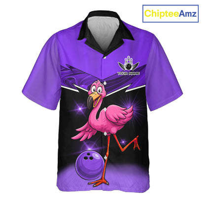 Funny Pink Flamingo Bowling Hawaiian Shirt Custom Flamingo Team bowling button-up shirt | Purple NQS11655