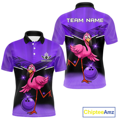 Funny Pink Flamingo Bowling Polo, 1/4 zip shirts for Men Custom Flamingo Team bowling outfit | Purple NQS11655