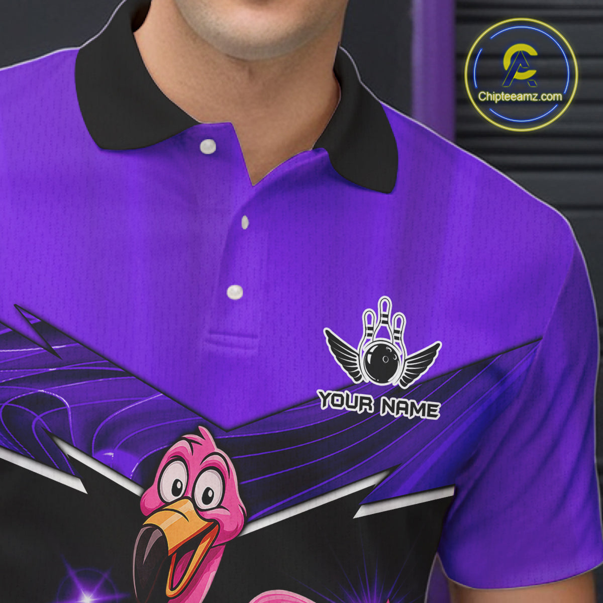 Funny Pink Flamingo Bowling Polo, 1/4 zip shirts for Men Custom Flamingo Team bowling outfit | Purple NQS11655