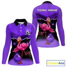 Load image into Gallery viewer, Funny Pink Flamingo Bowling Polo, 1/4 zip shirt for Women Custom Flamingo Team bowling outfit| Purple NQS11655