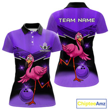 Load image into Gallery viewer, Funny Pink Flamingo Bowling Polo, 1/4 zip shirt for Women Custom Flamingo Team bowling outfit| Purple NQS11655