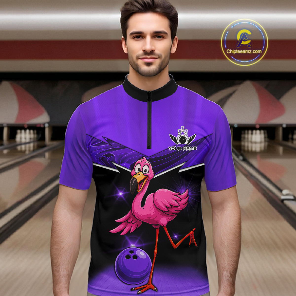 Funny Pink Flamingo Bowling Polo, 1/4 zip shirts for Men Custom Flamingo Team bowling outfit | Purple NQS11655