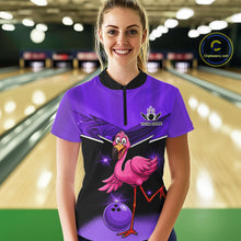 Load image into Gallery viewer, Funny Pink Flamingo Bowling Polo, 1/4 zip shirt for Women Custom Flamingo Team bowling outfit| Purple NQS11655