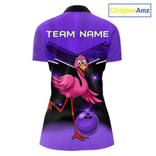 Load image into Gallery viewer, Funny Pink Flamingo Bowling Polo, 1/4 zip shirt for Women Custom Flamingo Team bowling outfit| Purple NQS11655