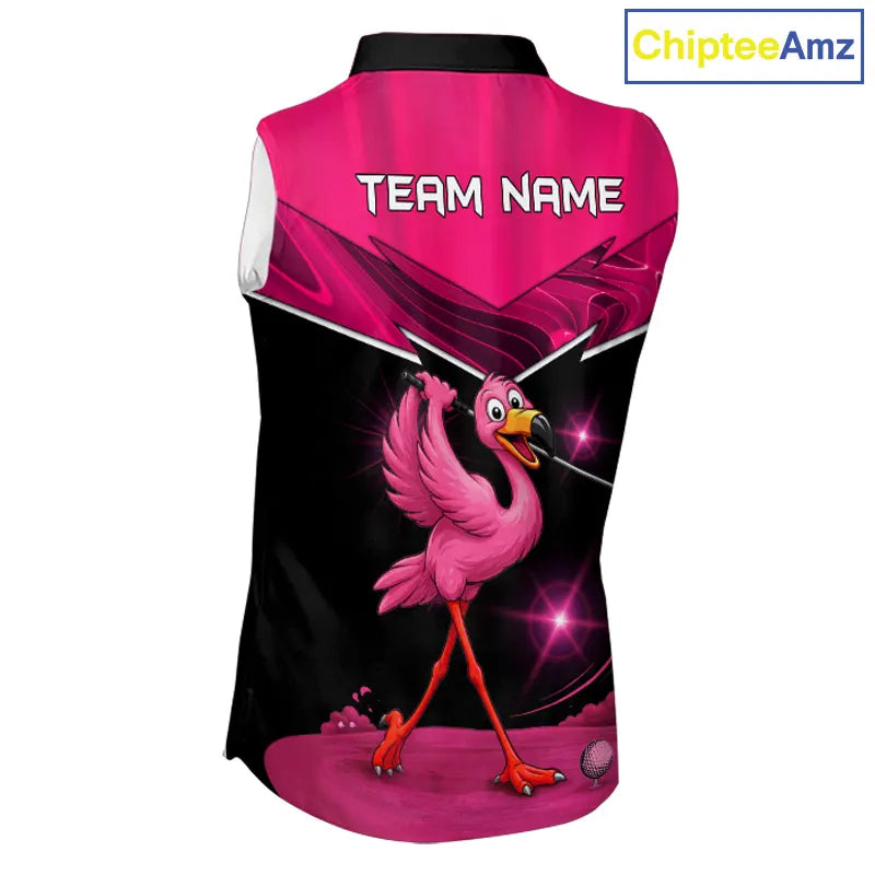 Funny Pink Flamingo Sleeveless Golf Shirt Custom Flamingo Team ladies golf tops, funny golf gifts NQS11656
