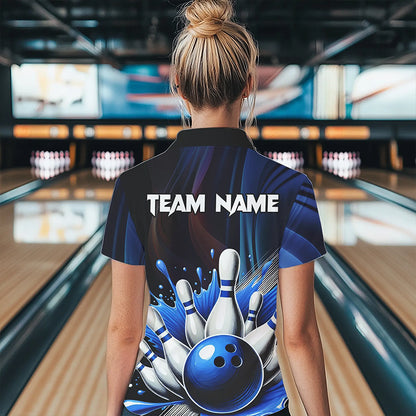Black and Blue Women's bowling outfits Custom Team ladies bowling Polo, Quarter Zip Shirts NQS9700