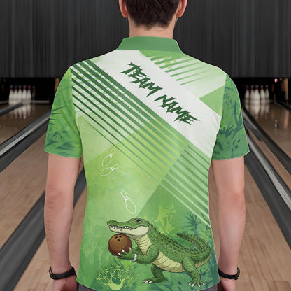 Funny Alligator Bowling Polo, 1/4 Zip Shirts For Men Custom Alligator Bowling Team Jerseys | Green NQS11742