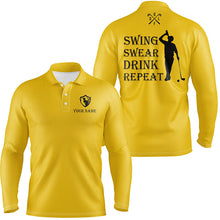 Load image into Gallery viewer, Funny Mens golf polos shirt custom swing swear drink repeat, team golf shirts for Men | Yellow NQS8060