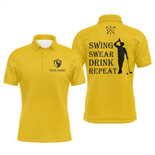 Load image into Gallery viewer, Funny Mens golf polos shirt custom swing swear drink repeat, team golf shirts for Men | Yellow NQS8060