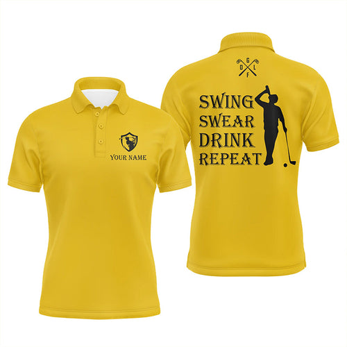 Funny Mens golf polos shirt custom swing swear drink repeat, team golf shirts for Men | Yellow NQS8060