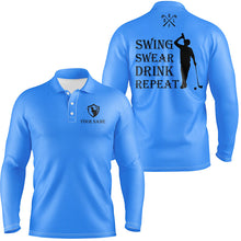 Load image into Gallery viewer, Funny Mens golf polos shirt custom swing swear drink repeat, team golf shirts for Men | Blue NQS8061