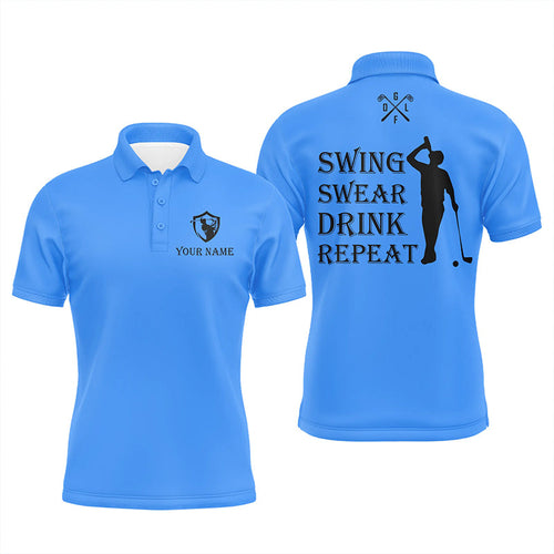 Funny Mens golf polos shirt custom swing swear drink repeat, team golf shirts for Men | Blue NQS8061