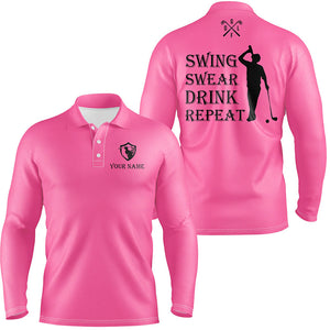 Funny Mens golf polos shirt custom swing swear drink repeat, team golf shirts for Men | Pink NQS8062