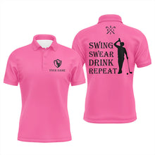 Load image into Gallery viewer, Funny Mens golf polos shirt custom swing swear drink repeat, team golf shirts for Men | Pink NQS8062