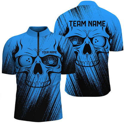Blue Grunge Skull Bowling Polo, Quarter Zip Shirt Shirts For Men Custom Bowling Team League Jerseys NQS8478