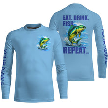 Load image into Gallery viewer, Mahi mahi (Dorado) Fishing Custom Long Sleeve Performance Fishing shirts Eat Drink Fish Repeat | Blue NQS6610