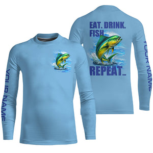 Mahi mahi (Dorado) Fishing Custom Long Sleeve Performance Fishing shirts Eat Drink Fish Repeat | Blue NQS6610