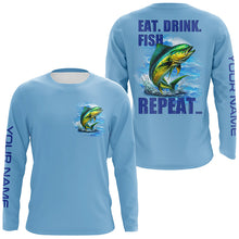 Load image into Gallery viewer, Mahi mahi (Dorado) Fishing Custom Long Sleeve Performance Fishing shirts Eat Drink Fish Repeat | Blue NQS6610