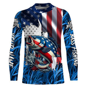 American flag patriot Largemouth Bass blue camo fishing, custom mens long sleeve sun protection shirts NQS4361