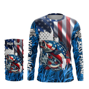 American flag patriot Largemouth Bass blue camo fishing, custom mens long sleeve sun protection shirts NQS4361