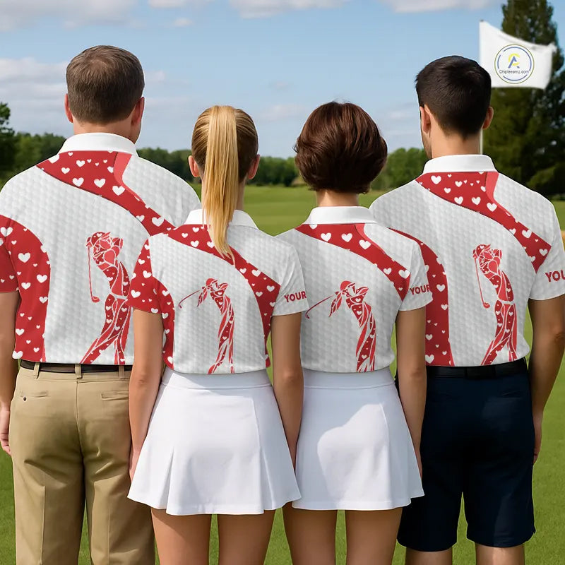 Personalized Red Hearts pattern golf white Mens golf polo shirts custom name Valentine golf gifts NQS11259