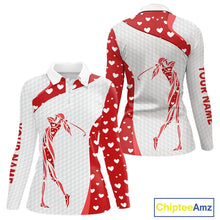 Load image into Gallery viewer, Personalized Red Hearts pattern golf white Womens golf polo shirts custom name Valentine golf gifts NQS11259