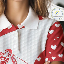 Load image into Gallery viewer, Personalized Red Hearts pattern golf white Womens golf polo shirts custom name Valentine golf gifts NQS11259