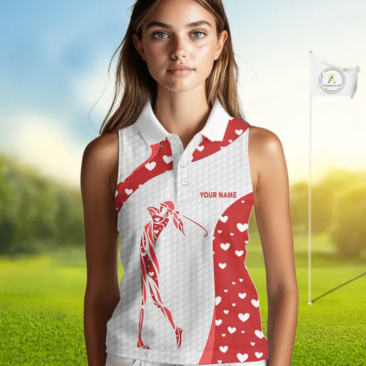 Personalized Red Hearts pattern golf white Sleeveless Golf Polo Shirt custom Valentine golf gifts NQS11259