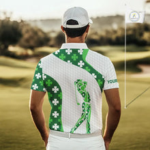 Load image into Gallery viewer, Personalized Green shamrock pattern golf white Mens golf polo shirt custom St Patrick's Day golf gift NQS11260