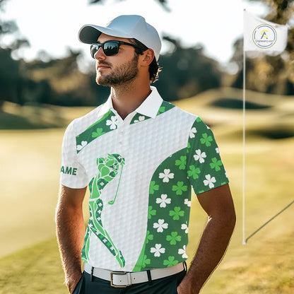 Personalized Green shamrock pattern golf white Mens golf polo shirt custom St Patrick's Day golf gift NQS11260