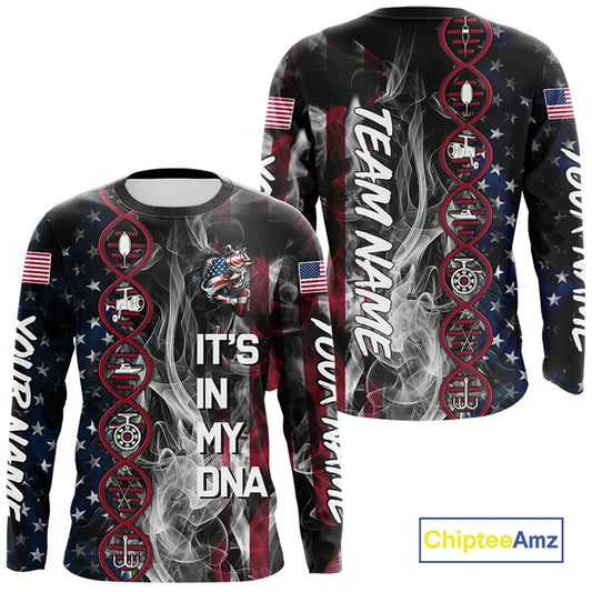Personalized Red, White & Blue Smoke American Flag Patriotic Largemouth Bass Fishing shirts NQS11267