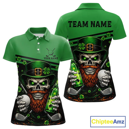 Green St Patrick Skull Golf and Beer Polo Golf shirts for Women Custom Team Ladies Golf attire NQS11475