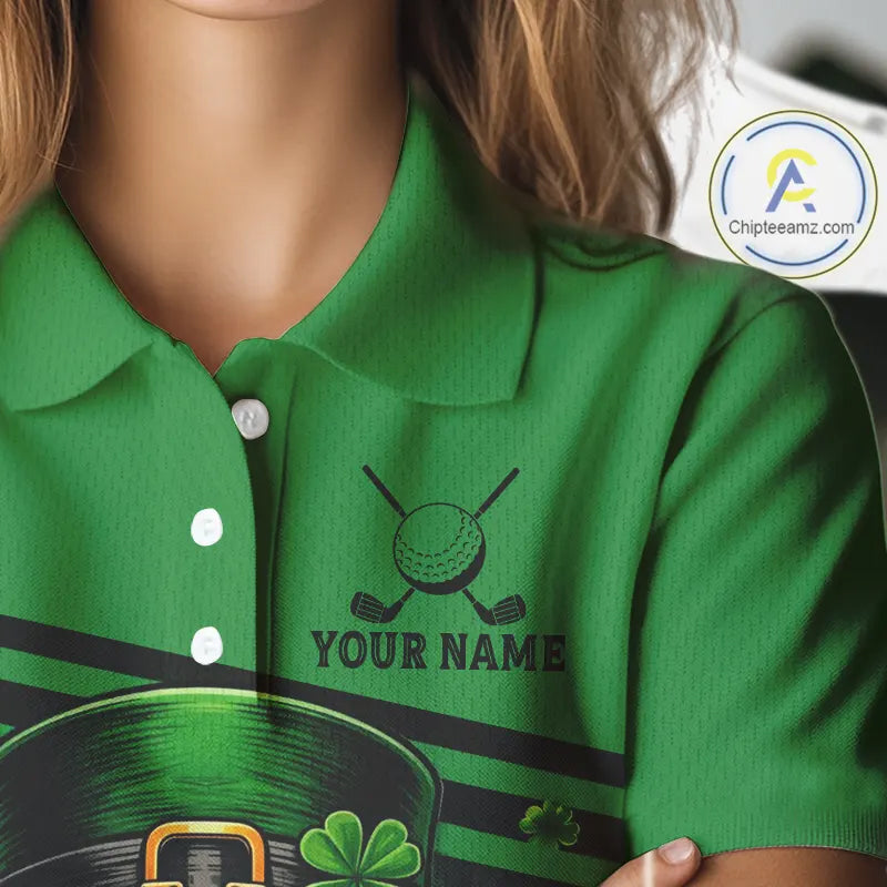 Green St Patrick Skull Golf and Beer Polo Golf shirts for Women Custom Team Ladies Golf attire NQS11475