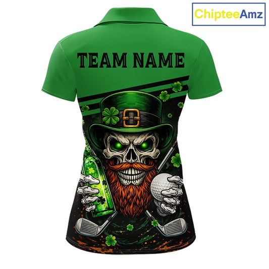Green St Patrick Skull Golf and Beer Polo Golf shirts for Women Custom Team Ladies Golf attire NQS11475