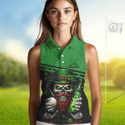 Green St Patrick Skull Golf and Beer Sleeveless Golf shirts for Women Custom Team Ladies Golf attire NQS11475