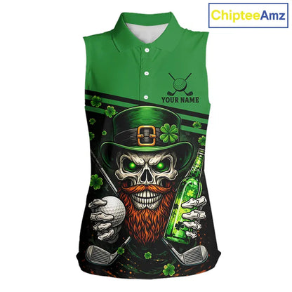 Green St Patrick Skull Golf and Beer Sleeveless Golf shirts for Women Custom Team Ladies Golf attire NQS11475