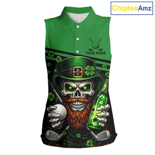 Green St Patrick Skull Golf and Beer Sleeveless Golf shirts for Women Custom Team Ladies Golf attire NQS11475