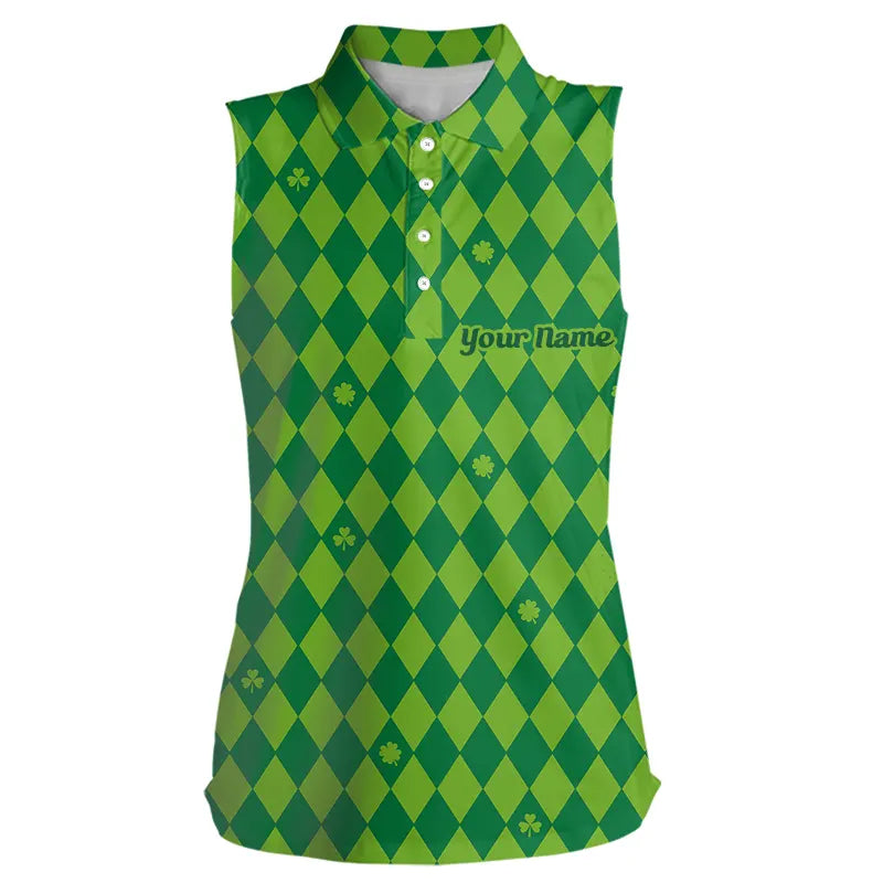 Personalized Green argyle pattern Women sleeveless polo shirt Custom St Patrick day golf top for women NQS9545