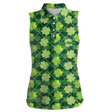 Load image into Gallery viewer, Green argyle shamrock pattern Women sleeveless polo shirt Custom St Patrick day women golf tops NQS9546